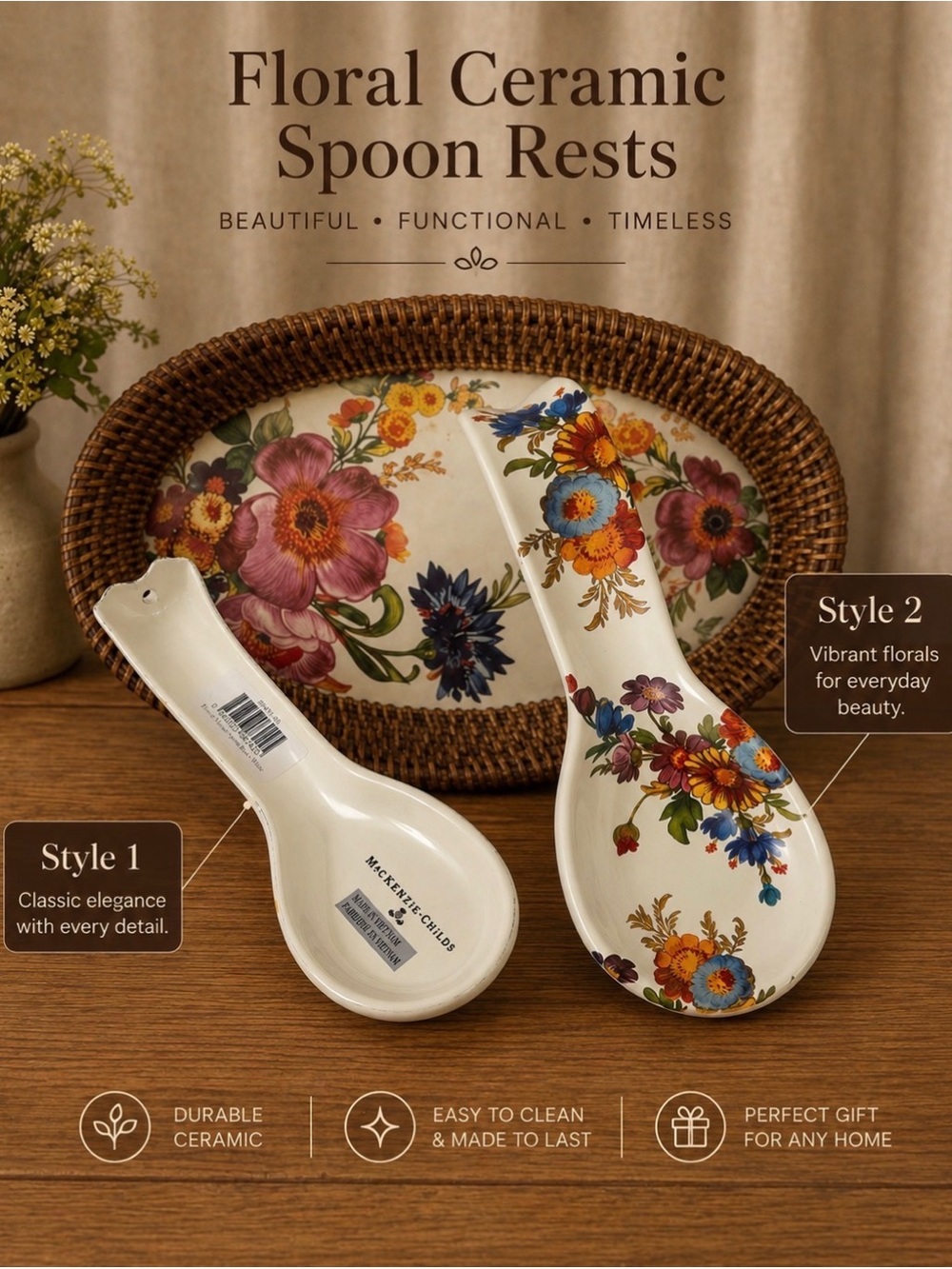 MacKenzie-Childs Cream Ceramic Spoon Rest with Multicolor Floral Design
